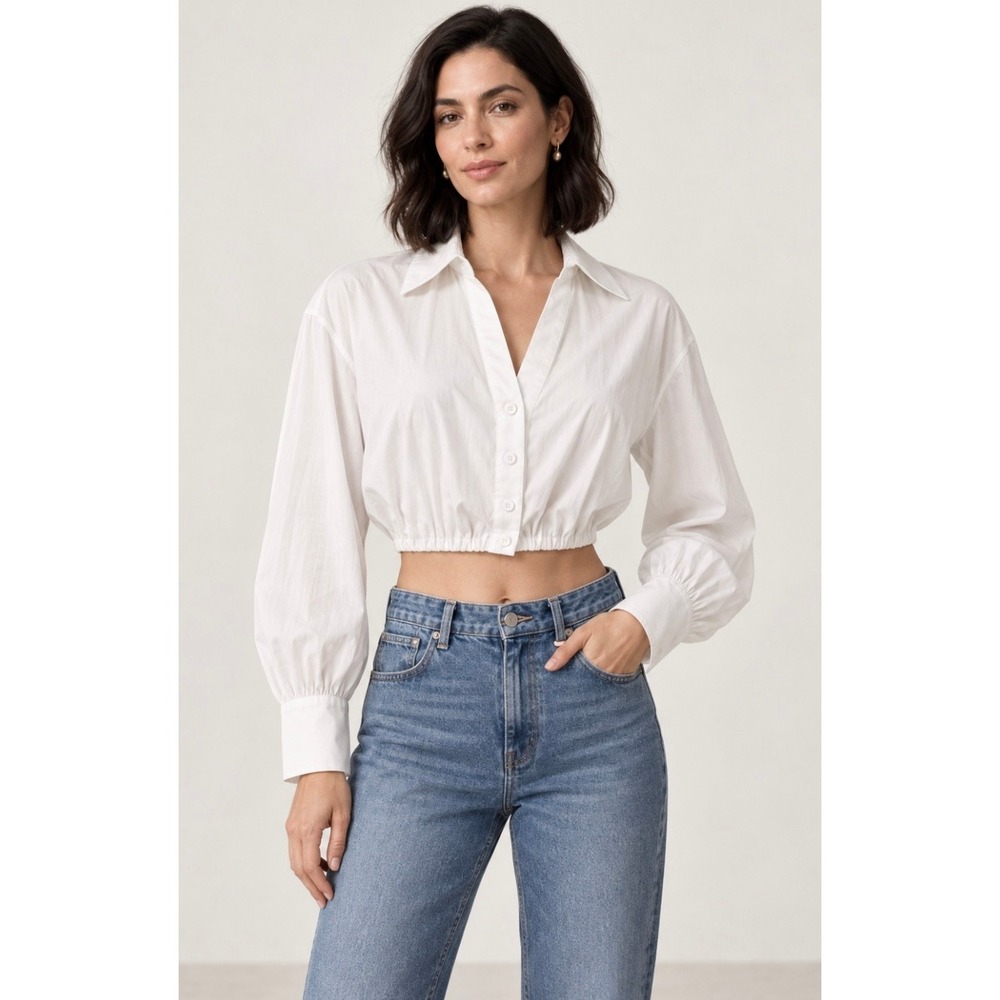 Alice + Olivia Classics White Sheer Back Cropped Button Blouse XS